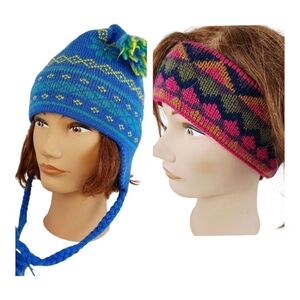 🍄3/50$🍄 Vintage pure virgin wool toque winter ski cap + Headband Handmade